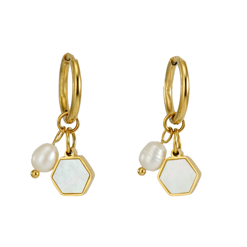 1 Pair Casual Hexagon Stainless Steel Pearl Plating Inlay Shell Drop Earrings display picture 2