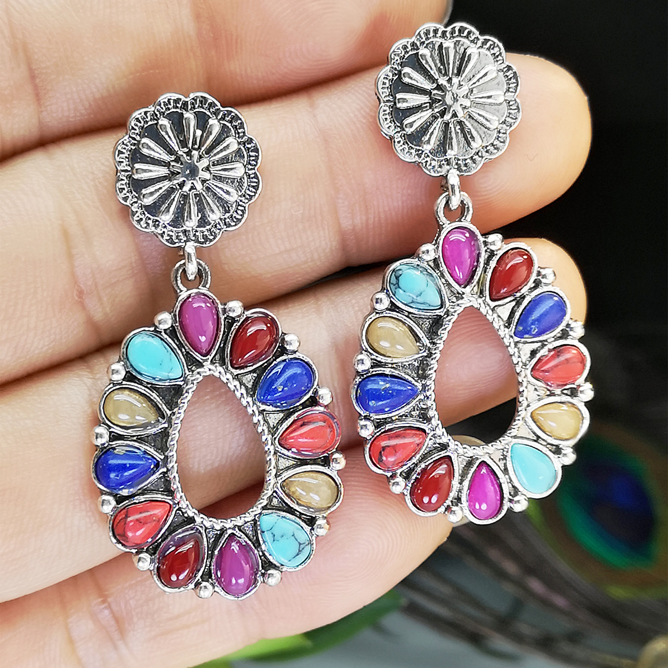 Cross-border Hot Sale Inlaid Turquoise Mixed Colored Gemstone Earrings European And American Retro Exaggerated Wind Drop-shaped Earrings display picture 2