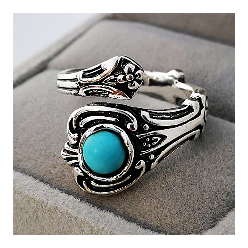 1 Piece Vintage Style Color Block Alloy Plating Inlay Artificial Gemstones Turquoise Silver Plated Women's Open Ring display picture 4