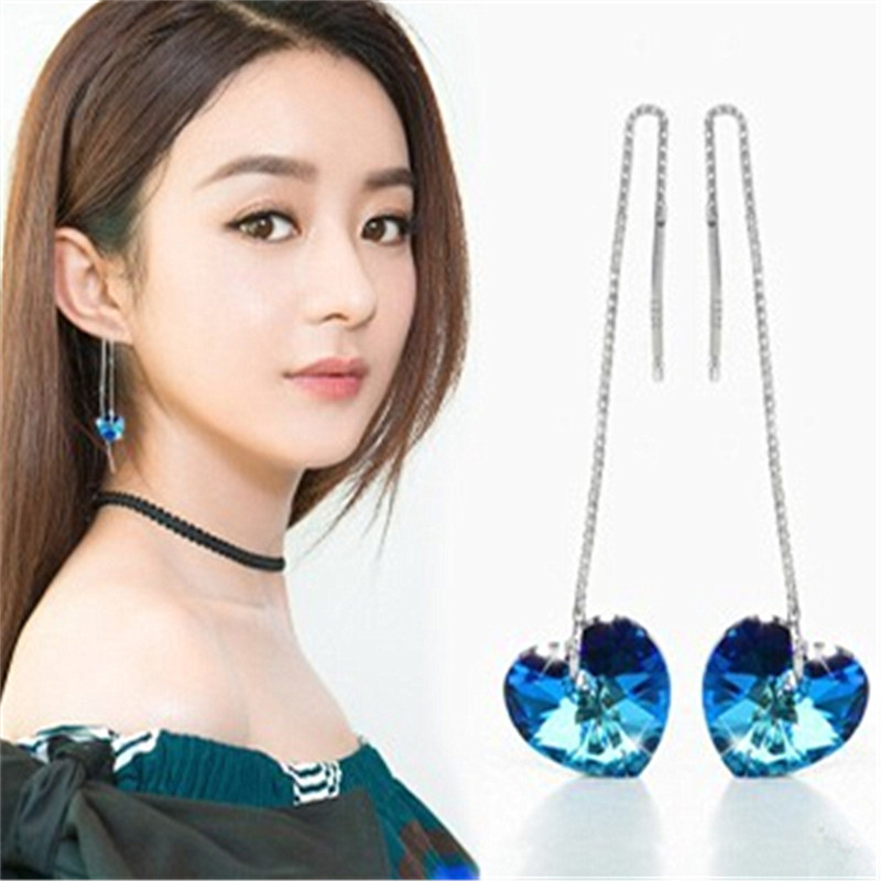 Ladies Sweet Elegant Romantic Blue Long Dress Heart Of The Ocean Eardrops Tassel Crystal Prom Party Earrings display picture 2