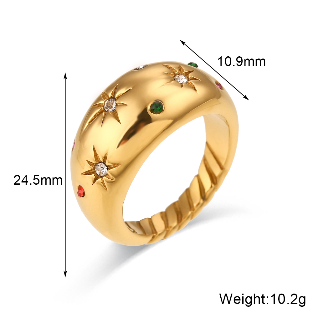 Europäische Und Amerikanische Ins Mode Persönlichkeit Armband Schmuck Edelstahl Überzogen 18 Karat Gold Kuppel Eingelegter Stein Farbiger Diamant Stern Ring display picture 2
