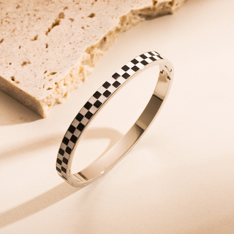 Fashion Square Checkered Stainless Steel Enamel Plating Inlay Zircon Gold Plated Bangle display picture 7