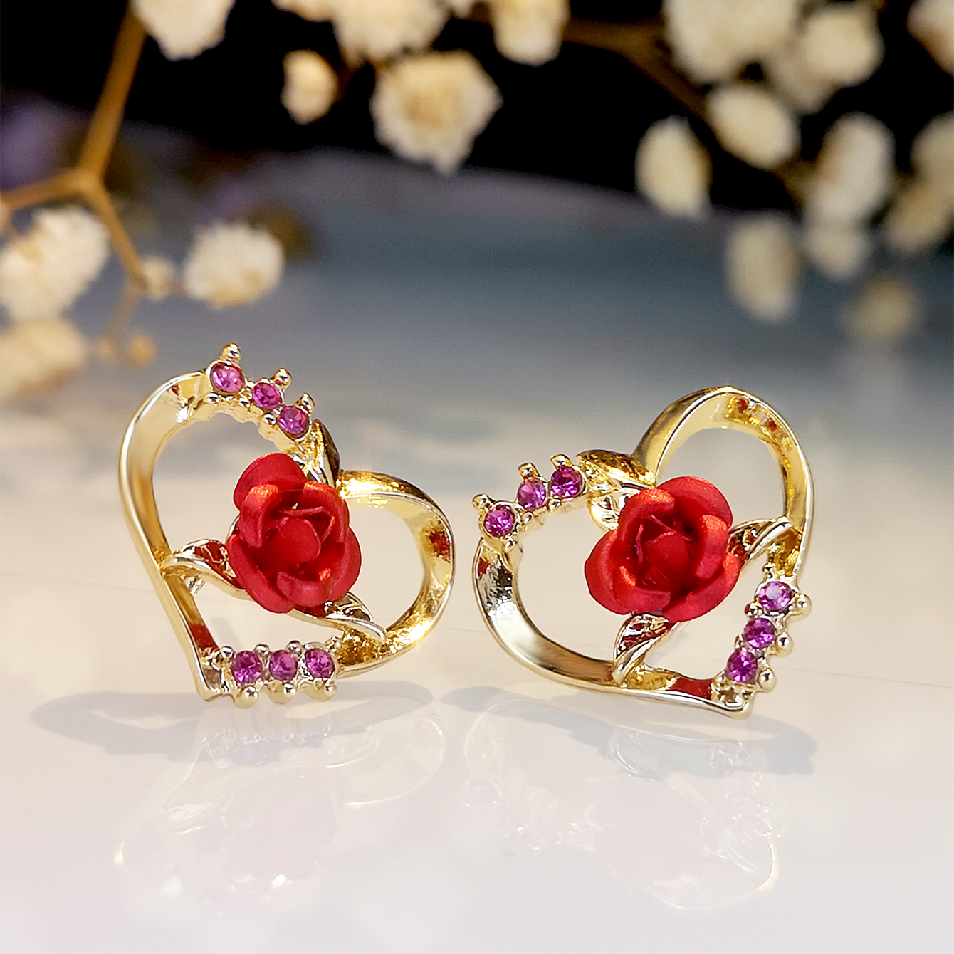 New Women's Love Rose Stud Earrings Gold Plated Inlaid Zircon Romantic Earrings display picture 3
