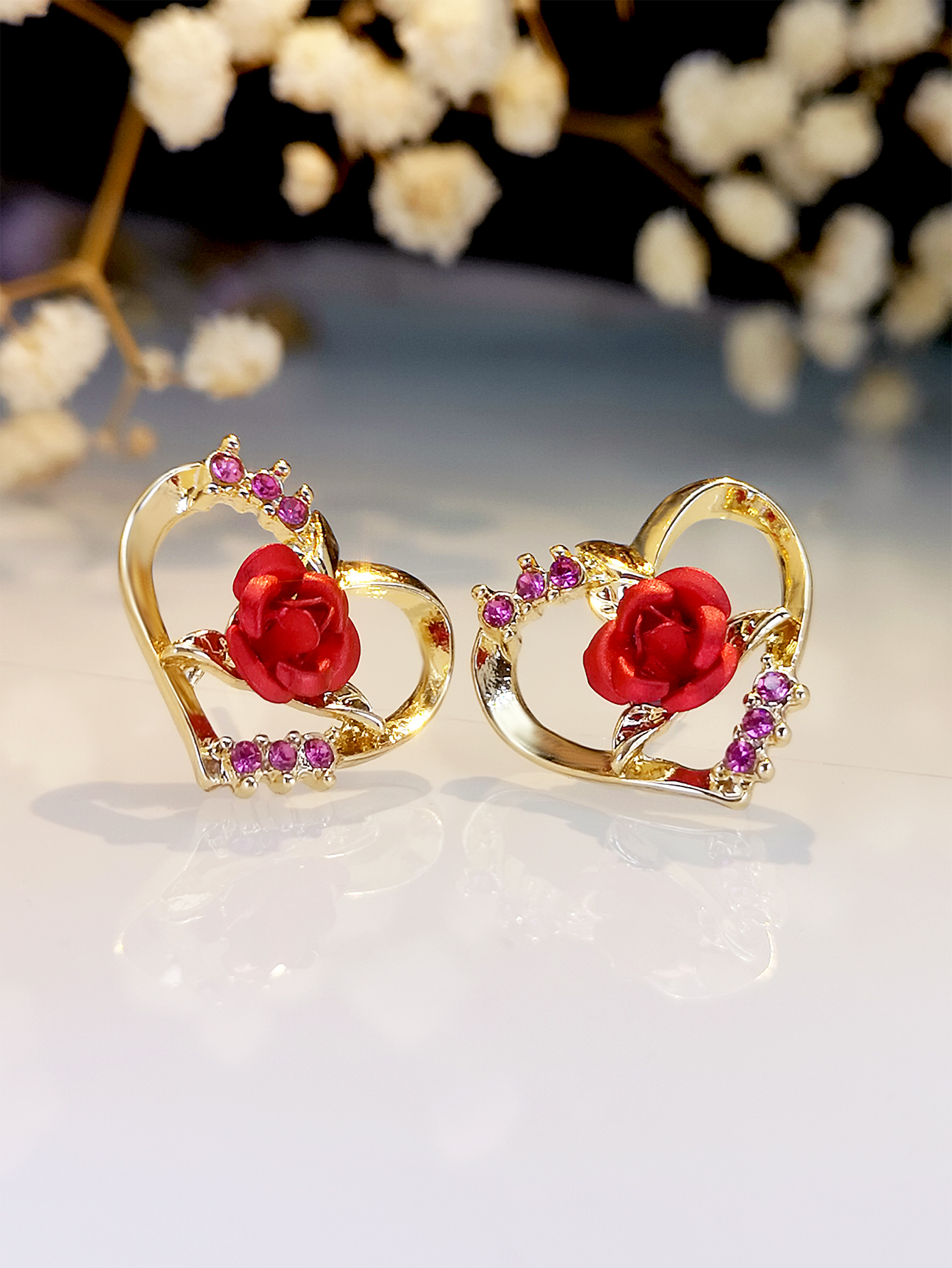 New Women's Love Rose Stud Earrings Gold Plated Inlaid Zircon Romantic Earrings display picture 5