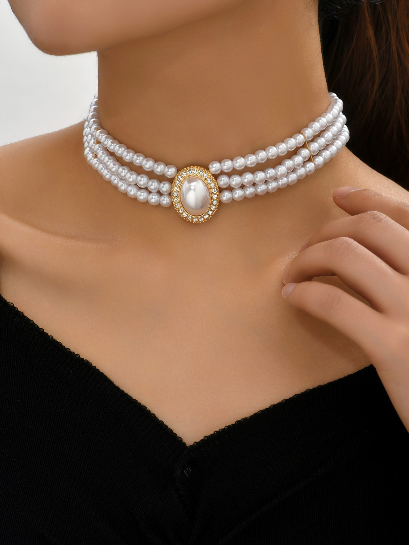 1 Pieza Elegante Oval Perla De Imitación En Capas Embutido Diamantes De Imitación Mujeres Gargantilla display picture 5