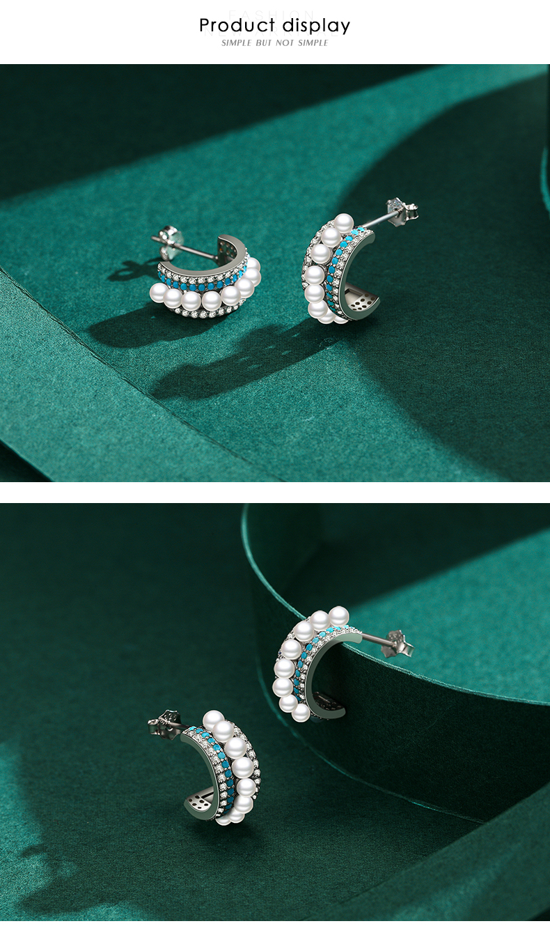 1 Paire Style Ins Demi-cercle Argent Sterling Placage Incruster Perles Artificielles Zircon Plaqué Rhodium Boucles D'oreilles display picture 7