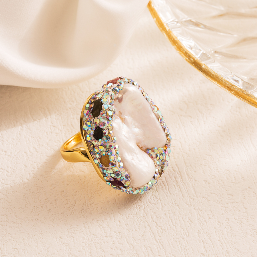 Vacation Oval Copper Gold Plated Pearl Zircon Open Ring In Bulk display picture 7