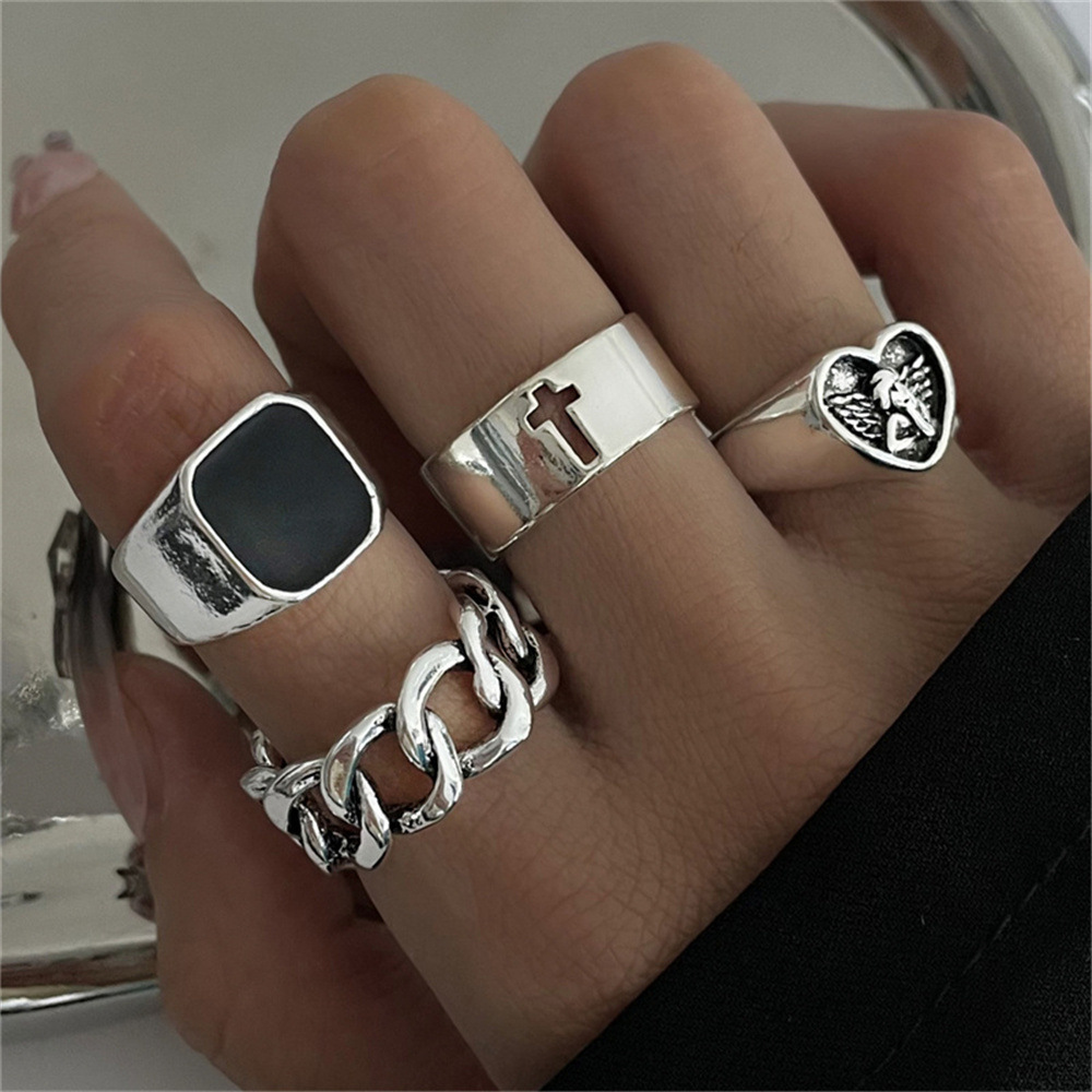 Hip-hop Cool Style Cross Square Heart Shape Alloy Enamel Hollow Out Unisex Rings display picture 2