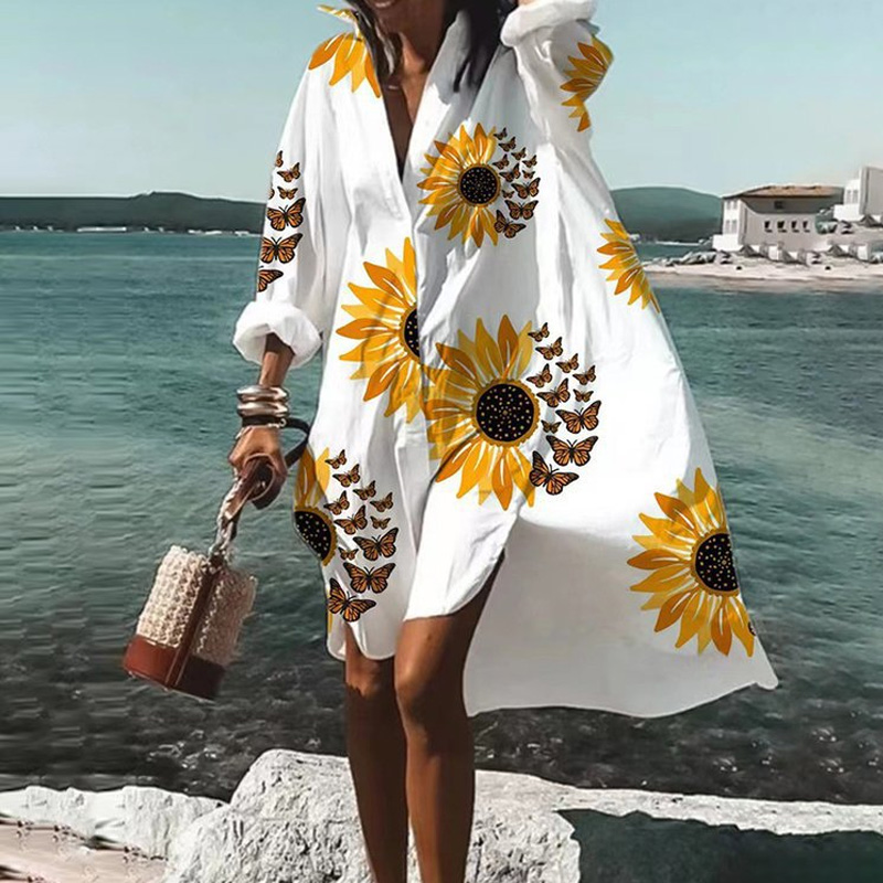 Women's Irregular Skirt Vacation Tropical Streetwear Turndown Long Sleeve Sunflower Color Block Above Knee Holiday Beach display picture 4