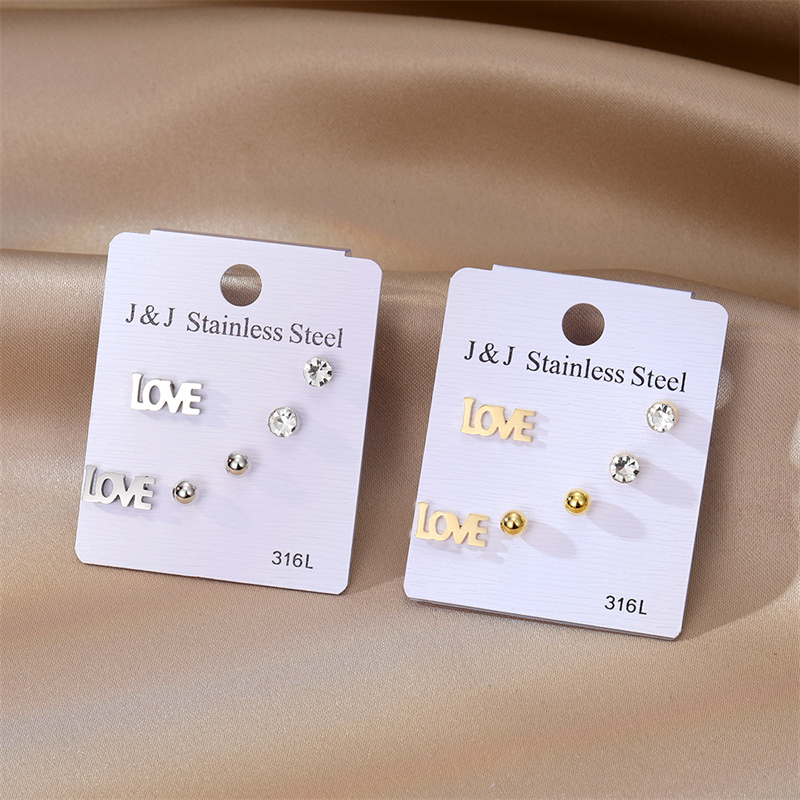 3 Pairs Simple Style Love Stainless Steel Inlay Zircon Ear Studs display picture 3