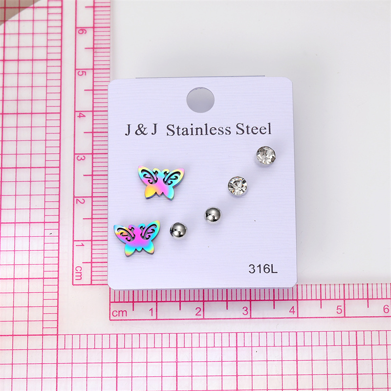 3 Pairs Elegant Butterfly Stainless Steel Inlay Zircon Ear Studs display picture 4