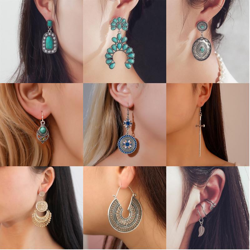 Vintage Style Ethnic Style Geometric Alloy Brass Inlay Natural Stone Turquoise Women's Earrings display picture 1
