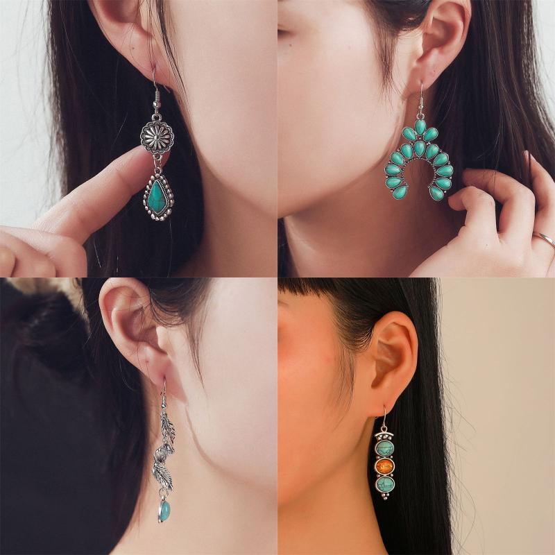 Vintage Style Moon Flower Alloy Metal Brass Inlay Turquoise Rhinestones Zircon Gold Plated Rhodium Plated Silver Plated Women's Drop Earrings display picture 2