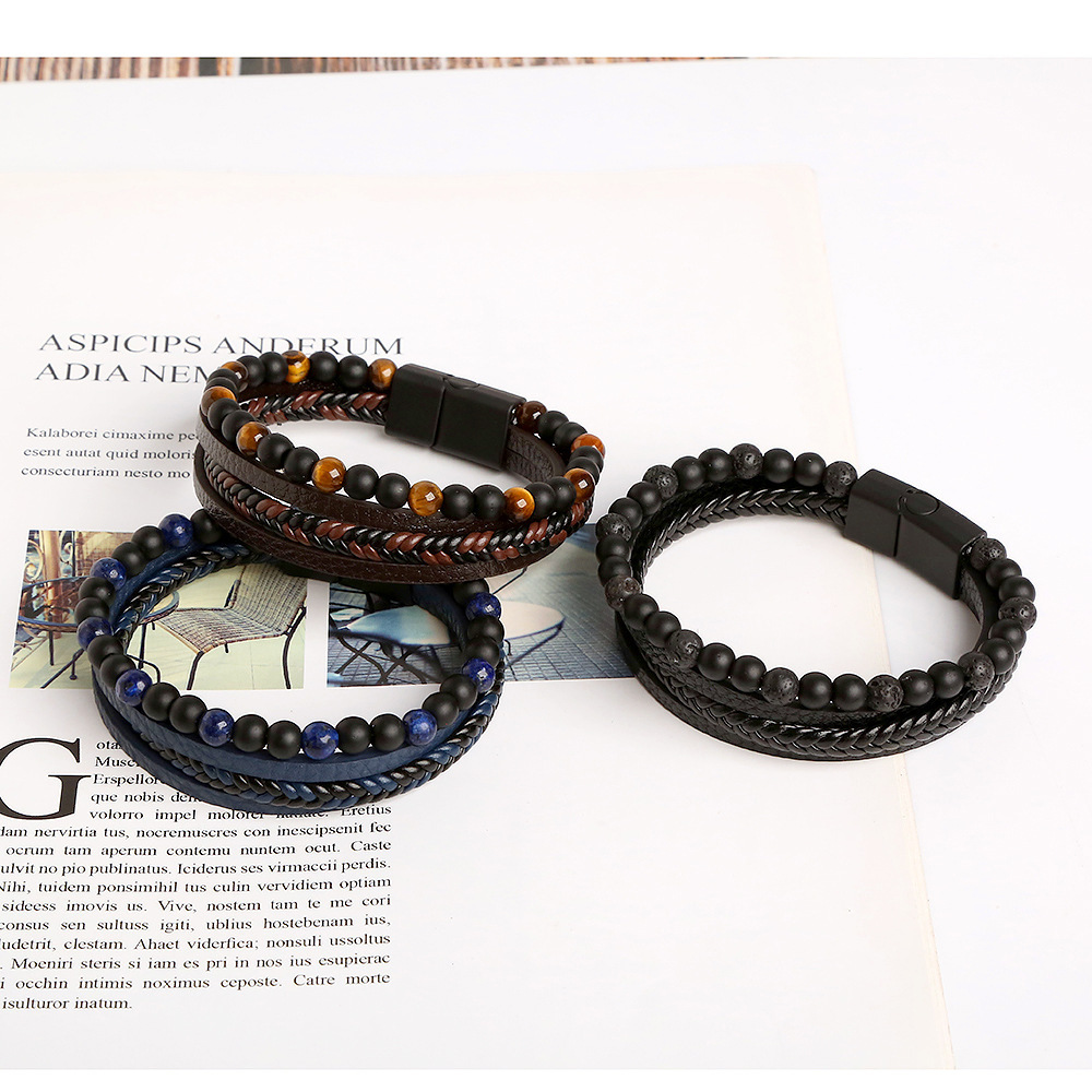 Casual Vacation Round Pu Leather Alloy Natural Stone Beaded Handmade Men's Bracelets display picture 2