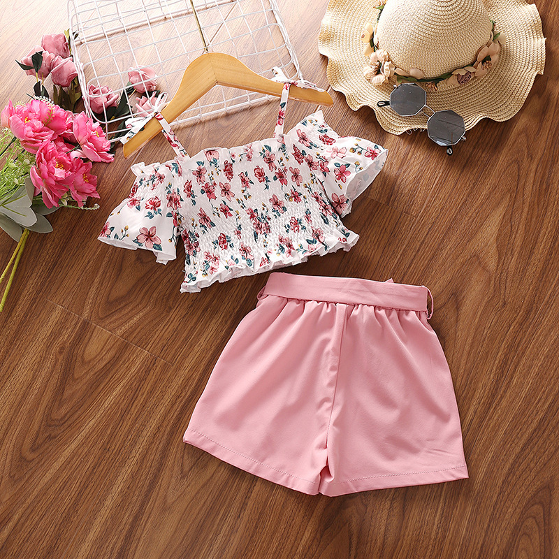 Casual Flower Double Button Backless Cotton Girls Clothing Sets display picture 1