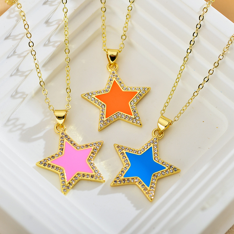 Elegant Shiny Star Steel Enamel Inlay Zircon Pendant Necklace display picture 5