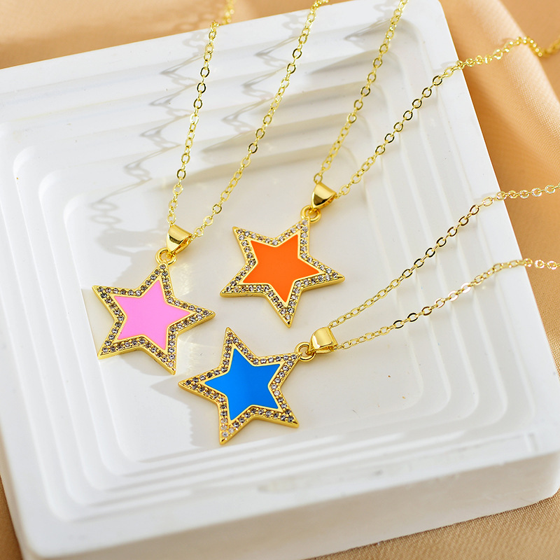 Elegant Shiny Star Steel Enamel Inlay Zircon Pendant Necklace display picture 4