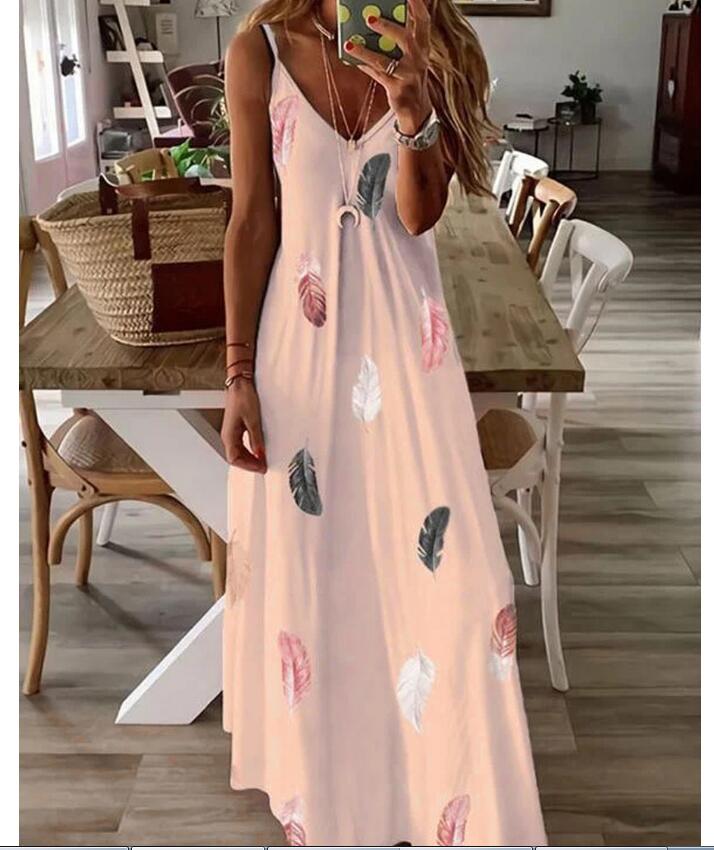 Women's Strap Dress Casual V Neck Printing Sleeveless Feather Maxi Long Dress Daily display picture 1