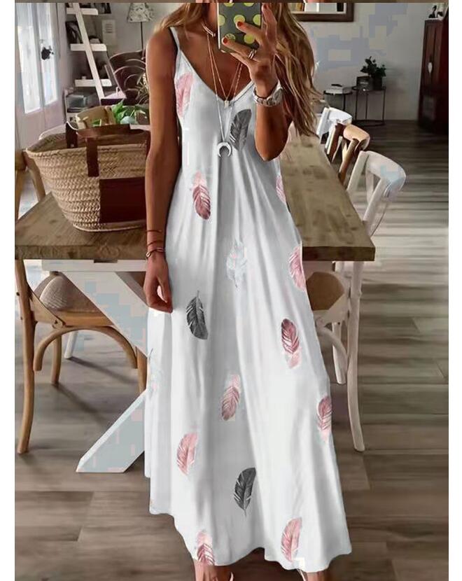 Women's Strap Dress Casual V Neck Printing Sleeveless Feather Maxi Long Dress Daily display picture 3