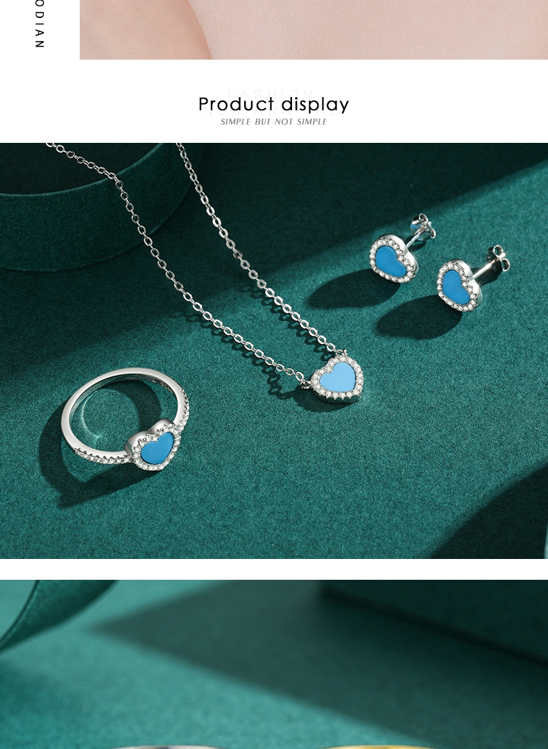 Elegant Heart Shape Sterling Silver Plating Inlay Turquoise Zircon 14k Gold Plated Rhodium Plated Rings Earrings Necklace display picture 8