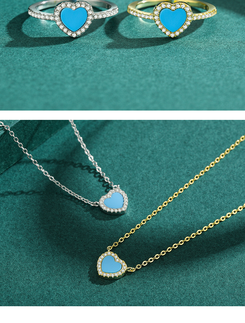 Elegant Heart Shape Sterling Silver Plating Inlay Turquoise Zircon 14k Gold Plated Rhodium Plated Rings Earrings Necklace display picture 9