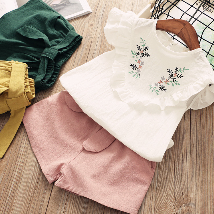 Casual Cute Simple Style Leaves Bow Knot Embroidery Lettuce Trim Cotton Girls Clothing Sets display picture 6