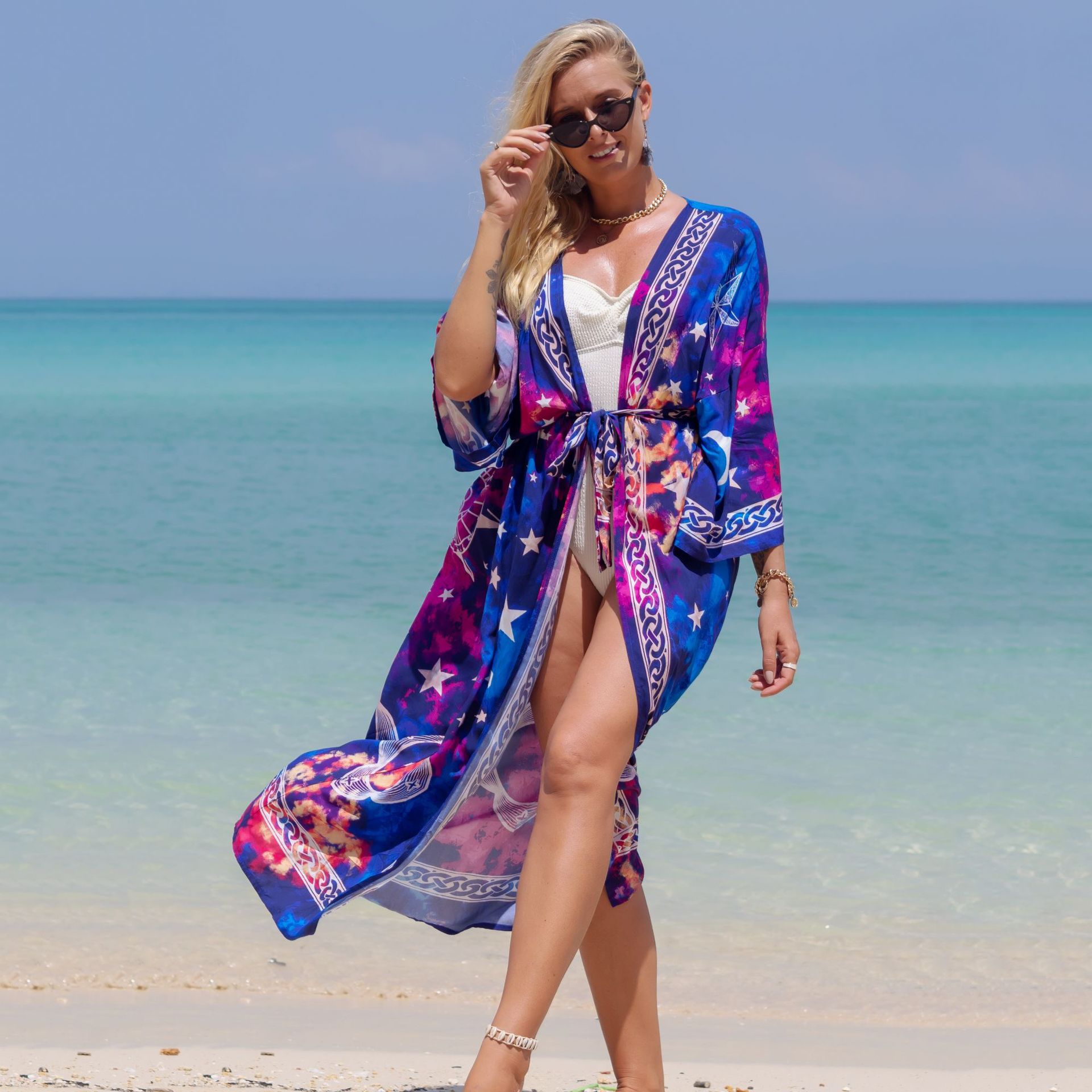 New European And American Rayon Printed Cardigan Beach Skirt Bikini Blouse Swimsuit Outwear Sun Protection Clothing Seaside Vacation Skirt display picture 1