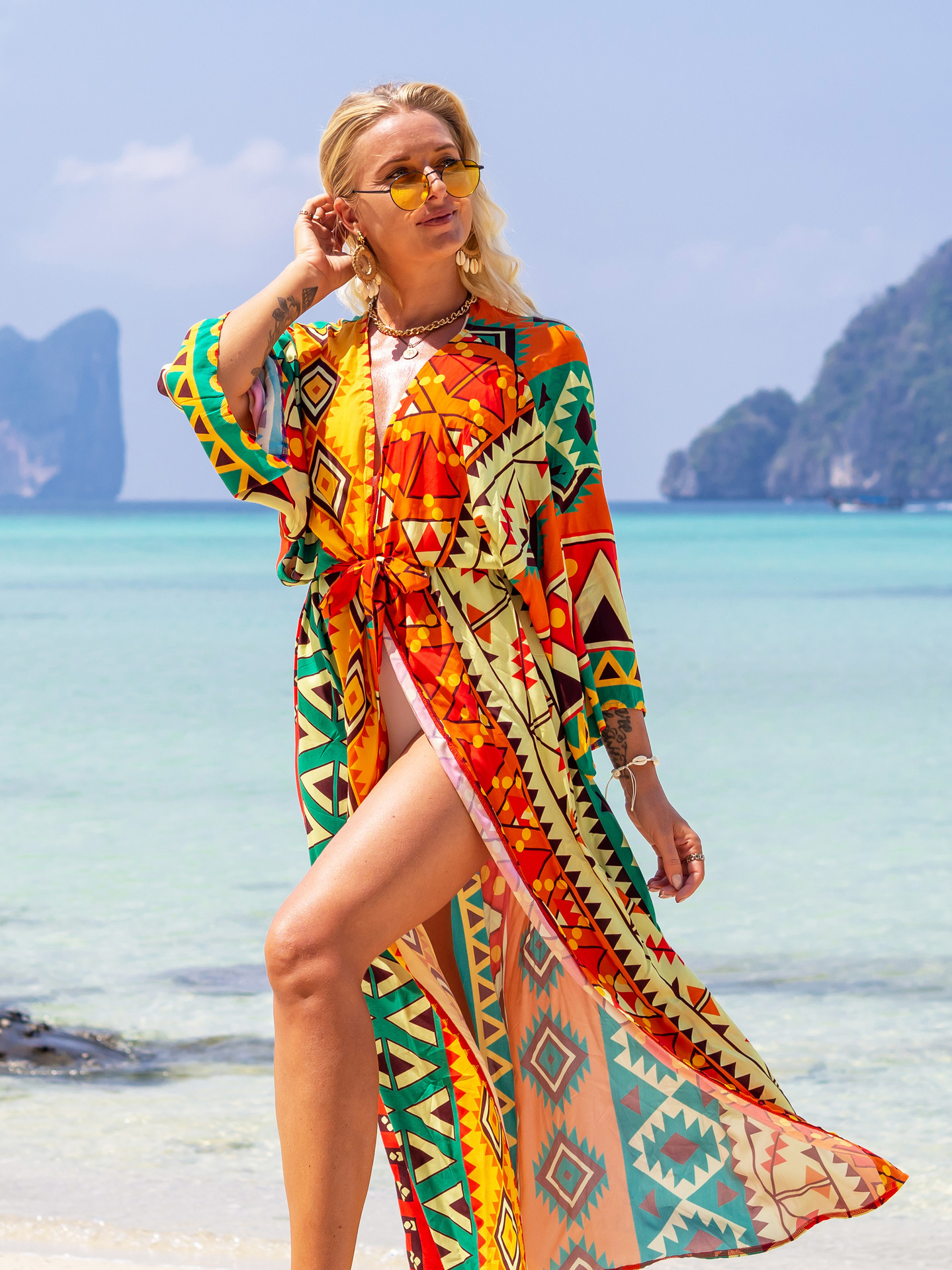 New European And American Rayon Printed Cardigan Beach Skirt Bikini Blouse Swimsuit Outwear Sun Protection Clothing Seaside Vacation Skirt display picture 21