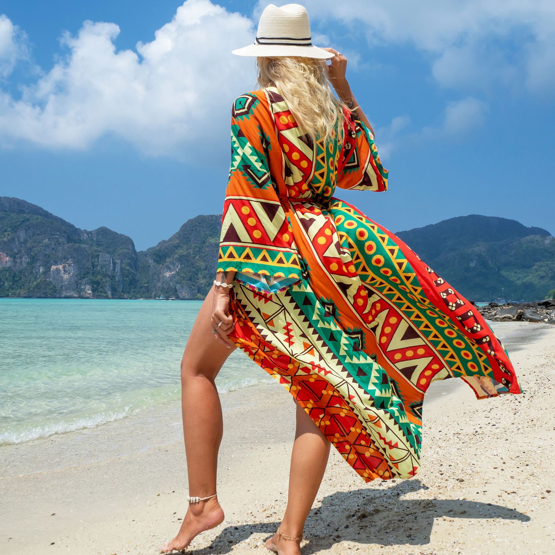 New European And American Rayon Printed Cardigan Beach Skirt Bikini Blouse Swimsuit Outwear Sun Protection Clothing Seaside Vacation Skirt display picture 22