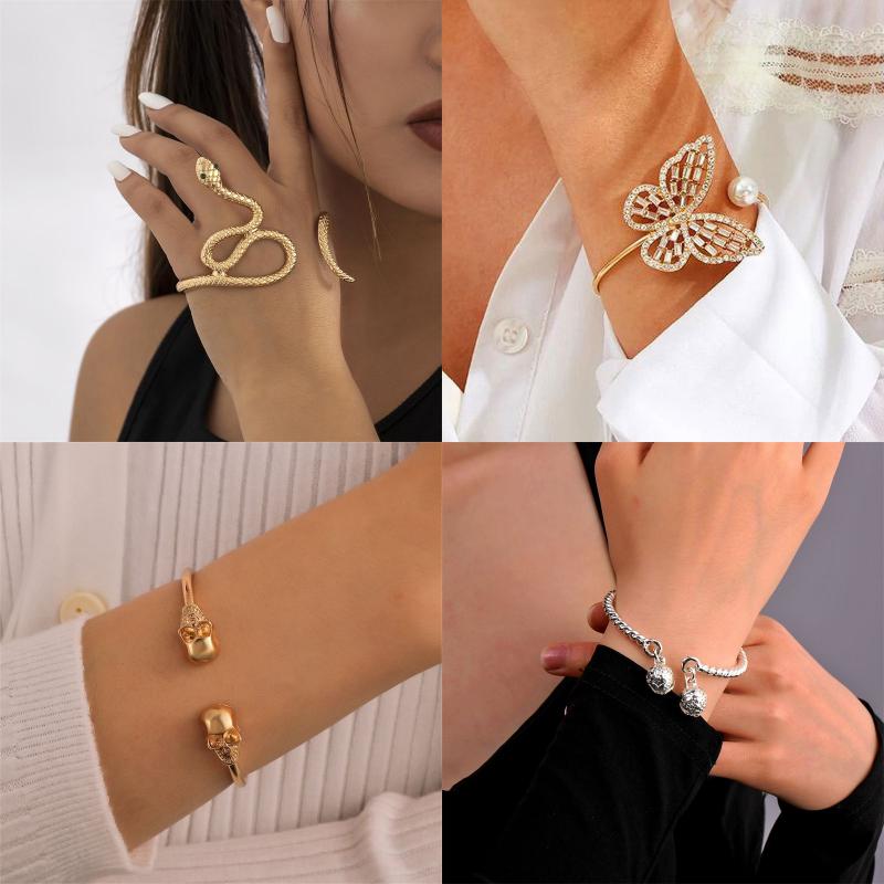 Stainless Steel Brass Metal Classic Style Streetwear Hip-Hop Hollow Out Plating Inlay Animal Zircon Artificial Crystal Artificial Pearls Wristband Bangle display picture 3