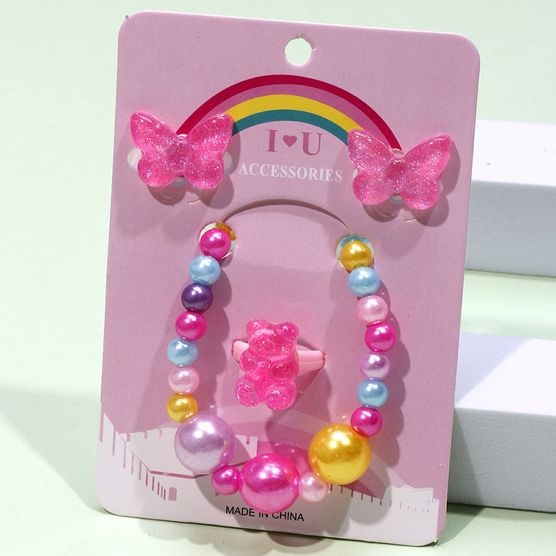 Cute Sweet Bear Butterfly Beaded Plastic Resin Girl's Rings Bracelets Ear Studs display picture 5