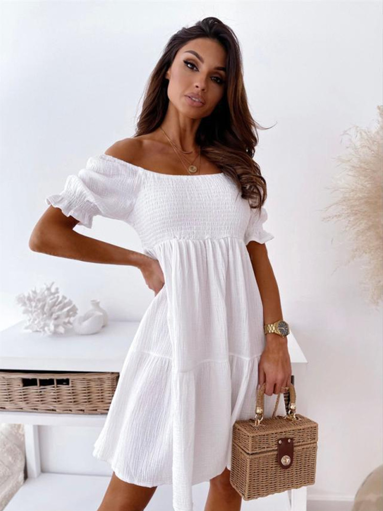 Women's Regular Dress Basic Simple Style Off Shoulder Boat Neck Elastic Waist Frill Ruched Short Sleeve Simple Solid Color Knee-length Daily Street display picture 11