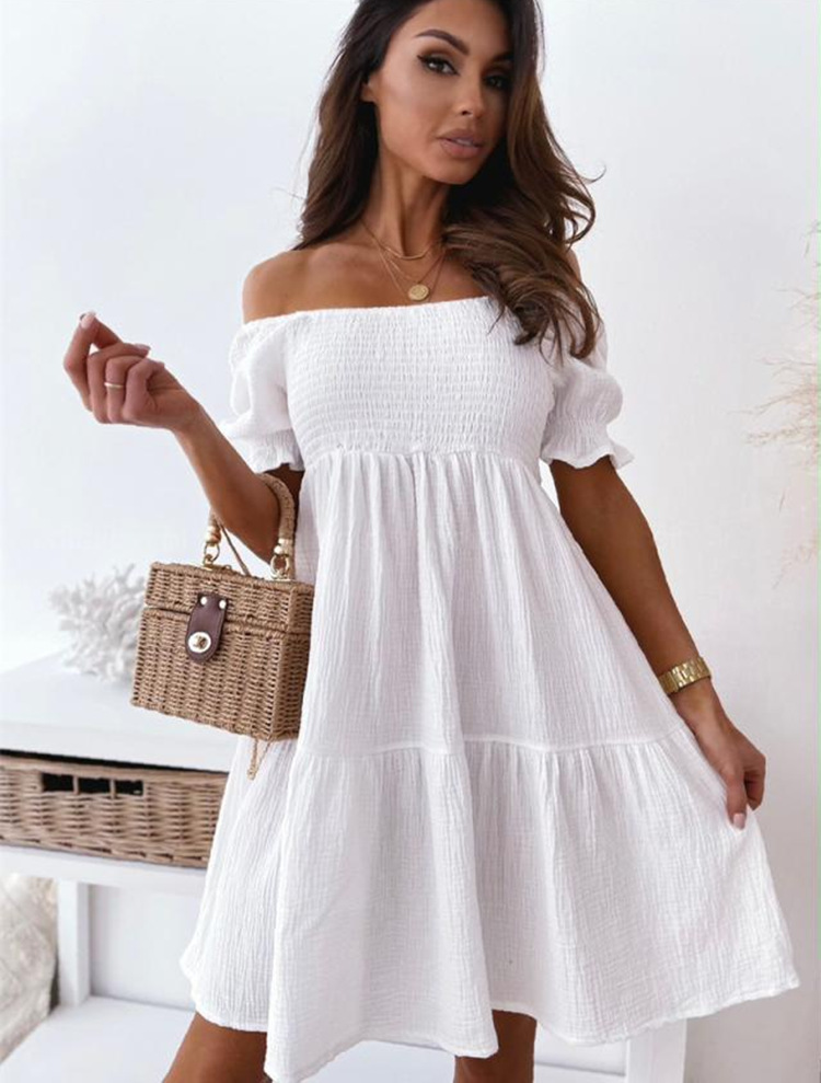 Women's Regular Dress Basic Simple Style Off Shoulder Boat Neck Elastic Waist Frill Ruched Short Sleeve Simple Solid Color Knee-length Daily Street display picture 8