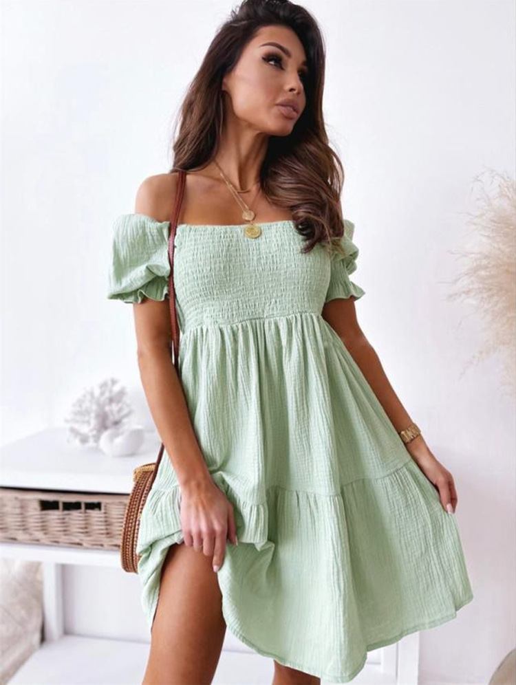 Women's Regular Dress Basic Simple Style Off Shoulder Boat Neck Elastic Waist Frill Ruched Short Sleeve Simple Solid Color Knee-length Daily Street display picture 6