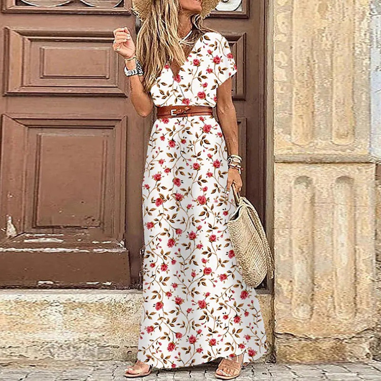Women's Regular Dress Simple Style Classic Style V Neck Thigh Slit Slit Drawstring Short Sleeve Ditsy Floral Maxi Long Dress Outdoor Daily Festival display picture 2