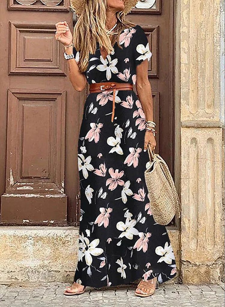 Women's Regular Dress Simple Style Classic Style V Neck Thigh Slit Slit Drawstring Short Sleeve Ditsy Floral Maxi Long Dress Outdoor Daily Festival display picture 1
