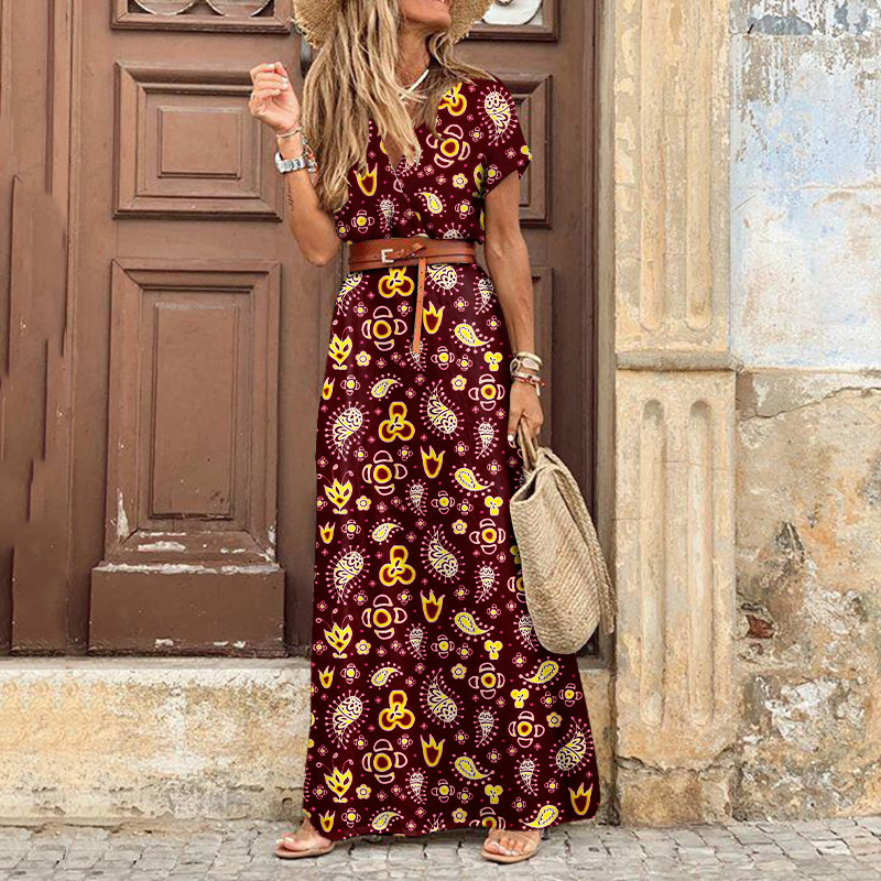 Women's Regular Dress Simple Style Classic Style V Neck Thigh Slit Slit Drawstring Short Sleeve Ditsy Floral Maxi Long Dress Outdoor Daily Festival display picture 6