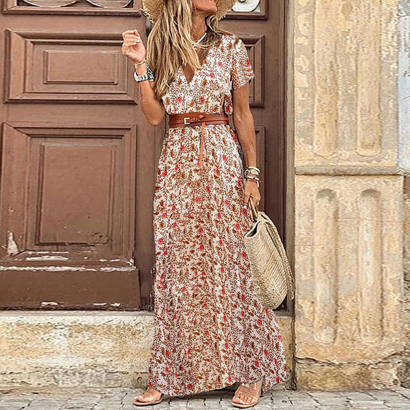 Women's Regular Dress Simple Style Classic Style V Neck Thigh Slit Slit Drawstring Short Sleeve Ditsy Floral Maxi Long Dress Outdoor Daily Festival display picture 9