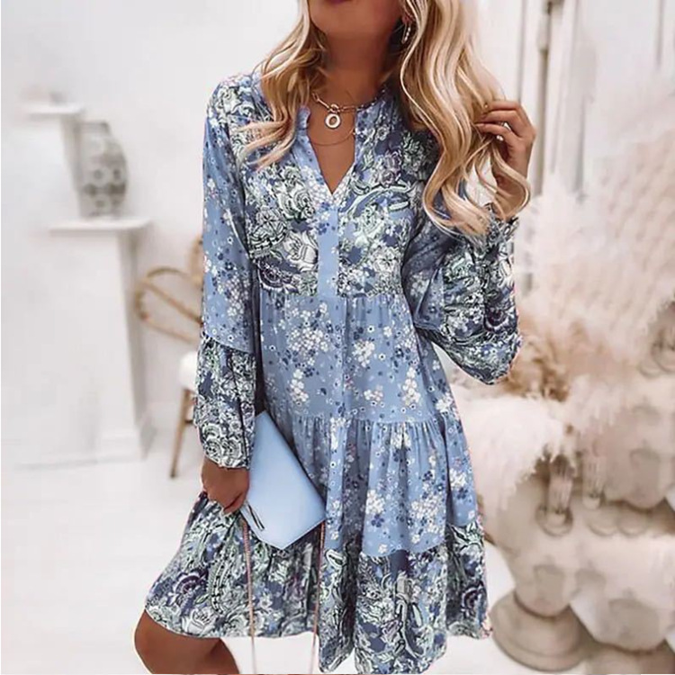 Women's Regular Dress Casual Basic Simple Style V Neck Long Sleeve Printing Ditsy Floral Knee-length Outdoor Daily Festival display picture 1
