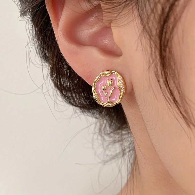 Sweet Korean Style Flower Alloy Enamel Inlay Artificial Pearls Women's Ear Studs display picture 4