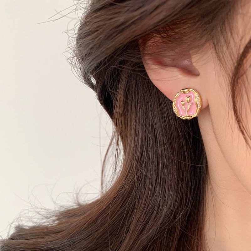 Sweet Korean Style Flower Alloy Enamel Inlay Artificial Pearls Women's Ear Studs display picture 7