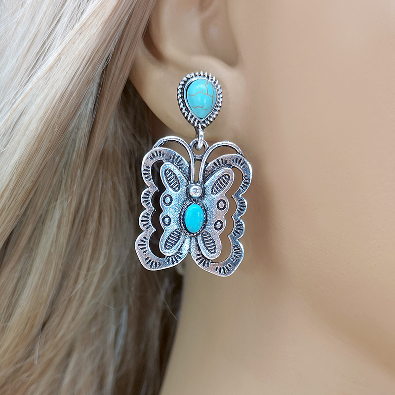 Vintage Style Butterfly Metal Plating Inlay Turquoise Silver Plated Women's Drop Earrings display picture 1