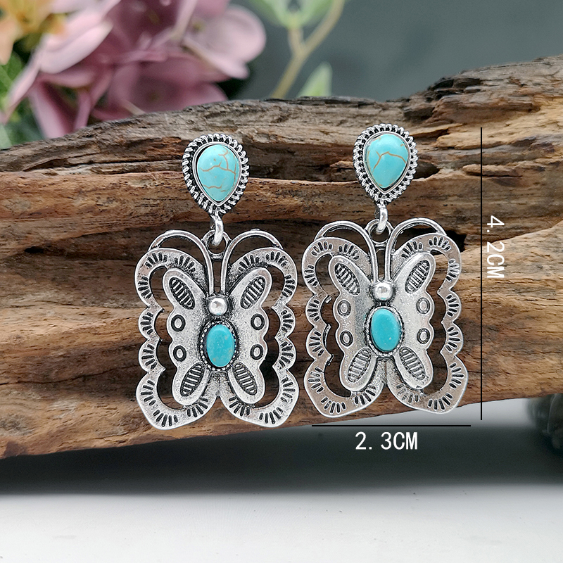 Vintage Style Butterfly Metal Plating Inlay Turquoise Silver Plated Women's Drop Earrings display picture 5