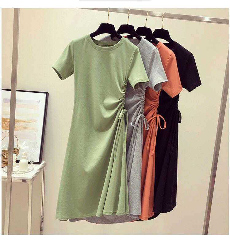 Women's A-line Skirt Simple Style Round Neck Elastic Drawstring Design Elastic Waist Short Sleeve Solid Color Above Knee Daily display picture 2