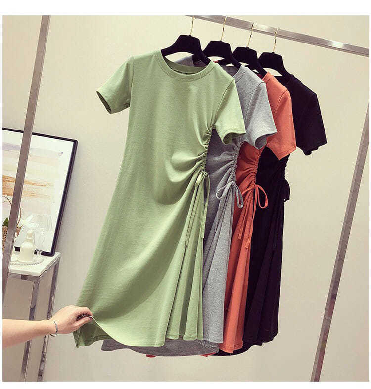 Women's A-line Skirt Simple Style Round Neck Elastic Drawstring Design Elastic Waist Short Sleeve Solid Color Above Knee Daily display picture 3