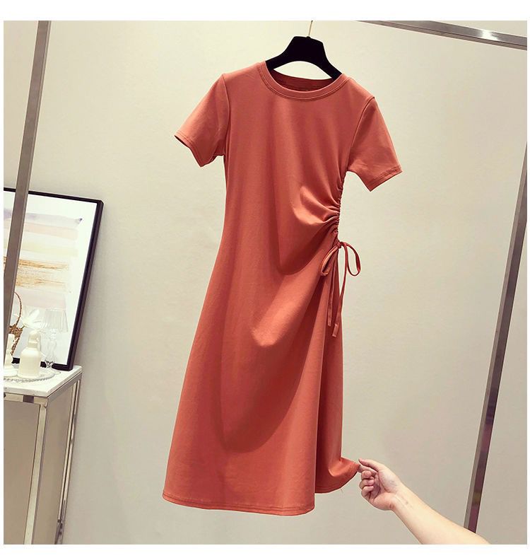 Women's A-line Skirt Simple Style Round Neck Elastic Drawstring Design Elastic Waist Short Sleeve Solid Color Above Knee Daily display picture 4