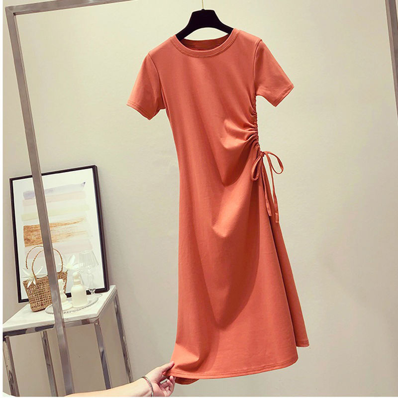 Women's A-line Skirt Simple Style Round Neck Elastic Drawstring Design Elastic Waist Short Sleeve Solid Color Above Knee Daily display picture 7