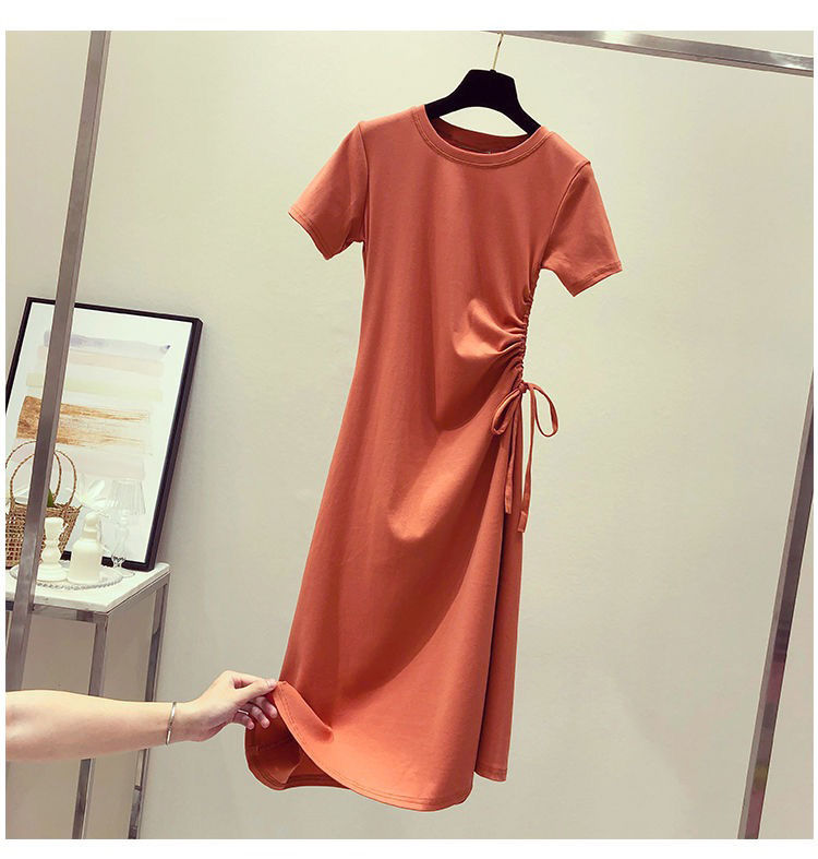 Women's A-line Skirt Simple Style Round Neck Elastic Drawstring Design Elastic Waist Short Sleeve Solid Color Above Knee Daily display picture 6