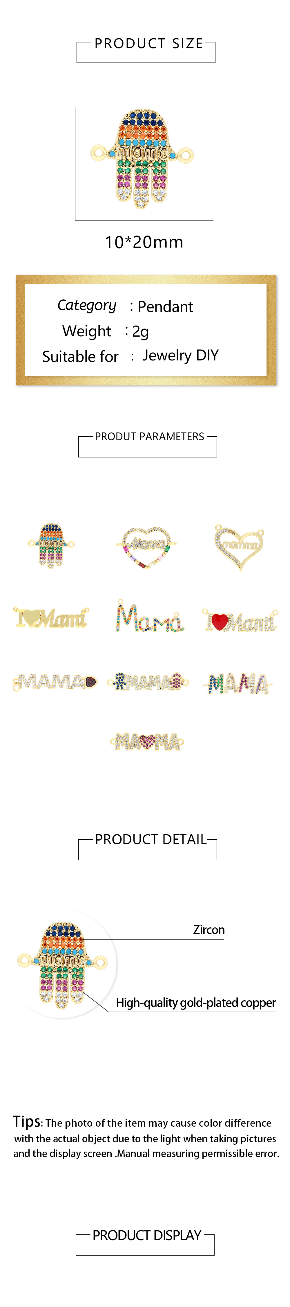 Ins Style Mama Shiny Letter Palm Heart Shape Gold Plated Zircon Copper Wholesale Pendants display picture 1