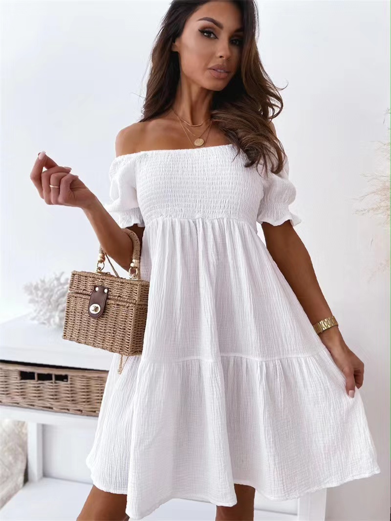Women's Regular Dress Basic Simple Style Off Shoulder Boat Neck Elastic Waist Frill Ruched Short Sleeve Simple Solid Color Knee-length Daily Street display picture 15